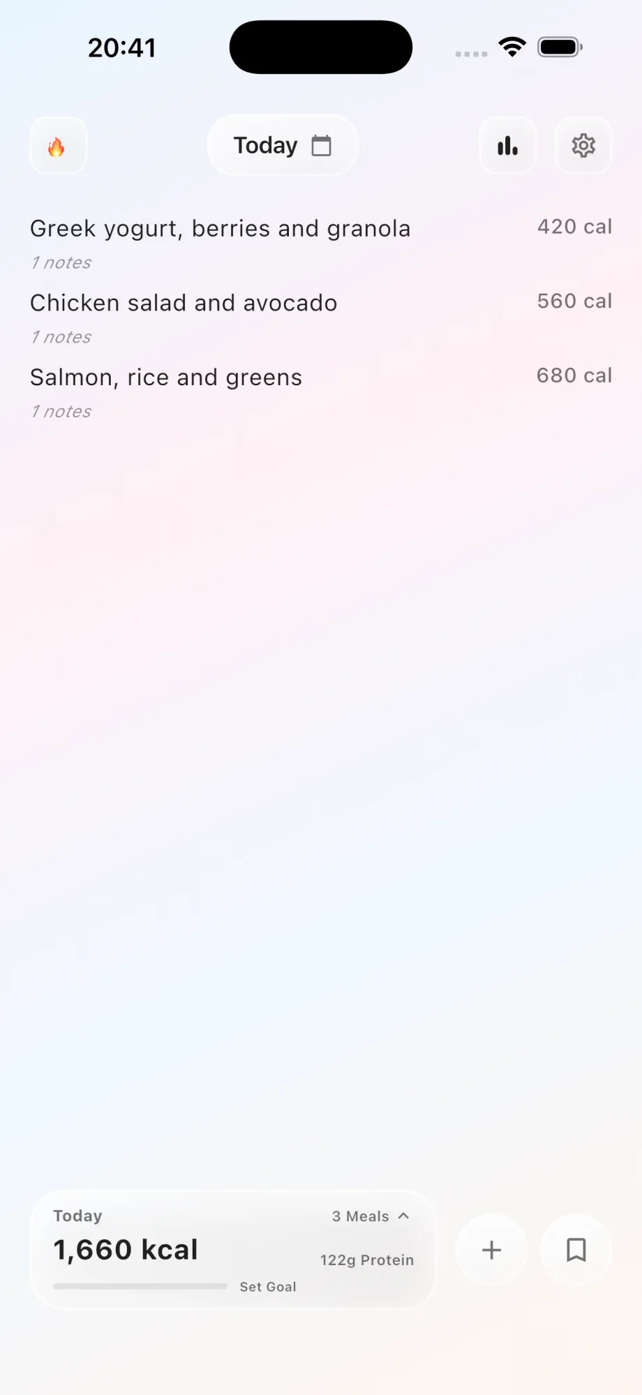 CalNotes Today view showing three meals, calories, and protein